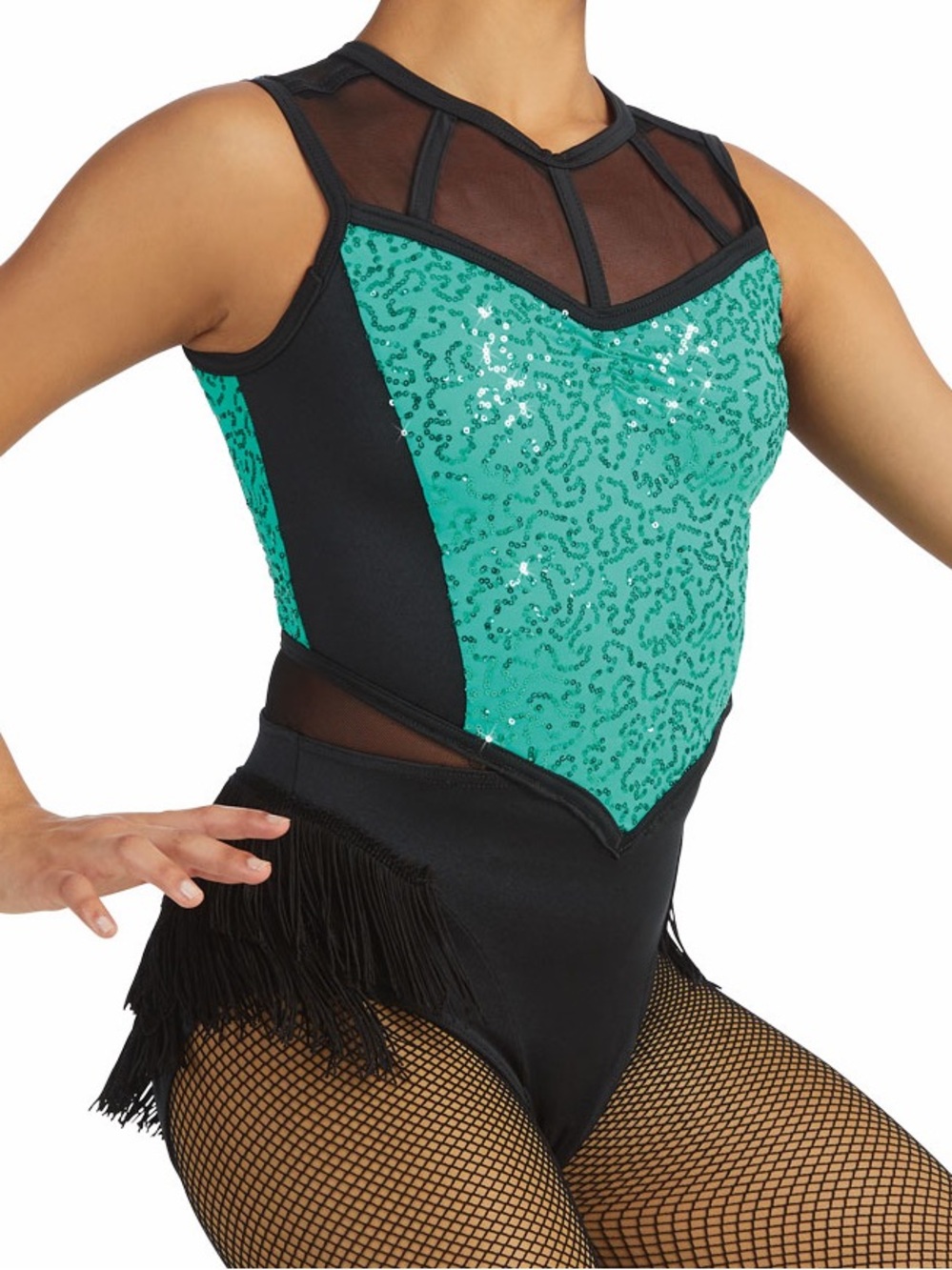 Weissman Black & Teal Sequin Fringe Leotard Dance Costume